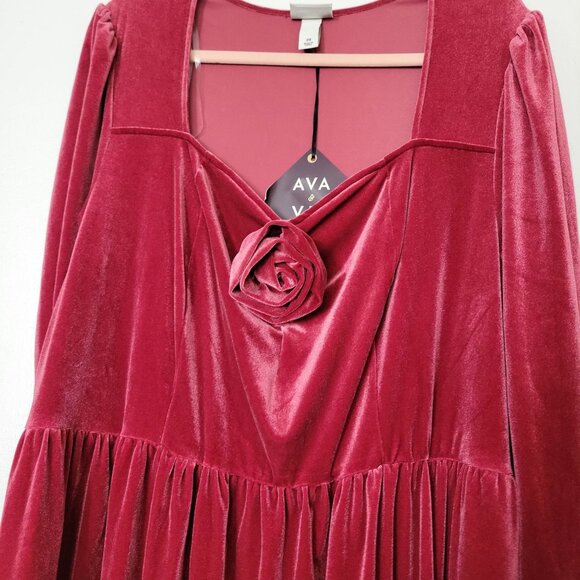 Ava & Viv Womens 2X Red Velvet Long Sleeve Dress With Rose Accent - Picture 5 of 8